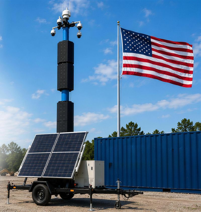A ClearView Rapid Response Security Tower deployed on a work site, with sensor mast, solar array and trailer.